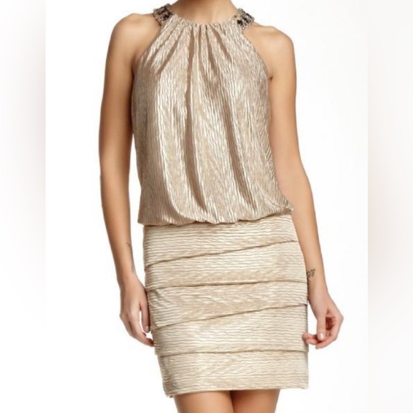 Laundry By Shelli Segal Gold Ruched Smocked Mini Dress Cocktail Dress Prom Dress - Picture 1 of 5